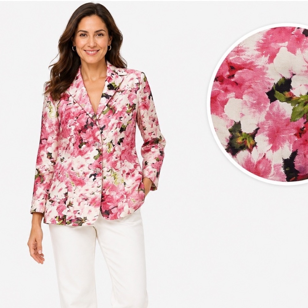 Flores & Flores Women Pink Floral 100% Silk Blazer Jacket Size 10 Made in USA